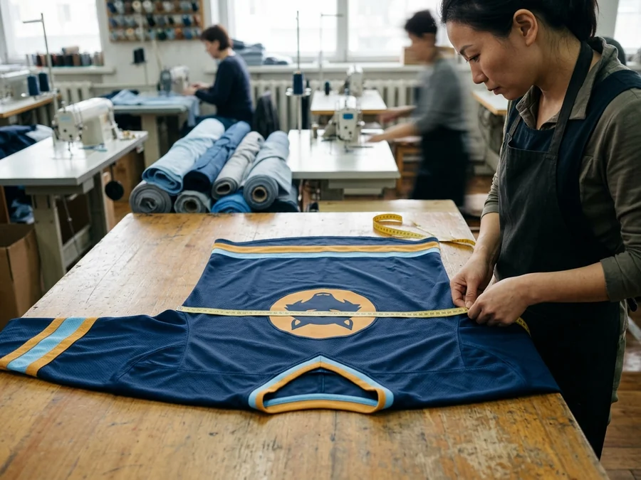 A tape laid across a garment on a flat worktable — every point on this page is measured flat, never on a body