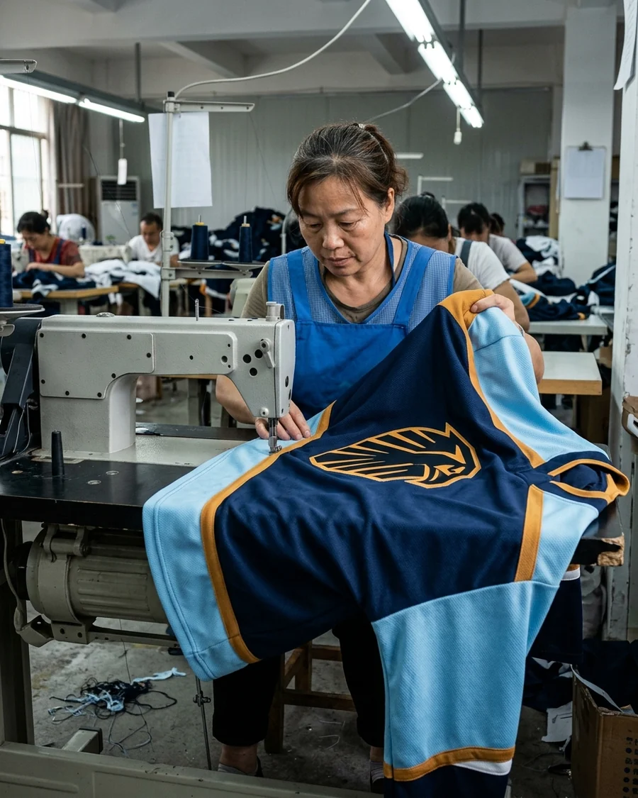 Polyester jersey fabric in team colors — the same fabric base carries both the player cut and the hockey goalie cut