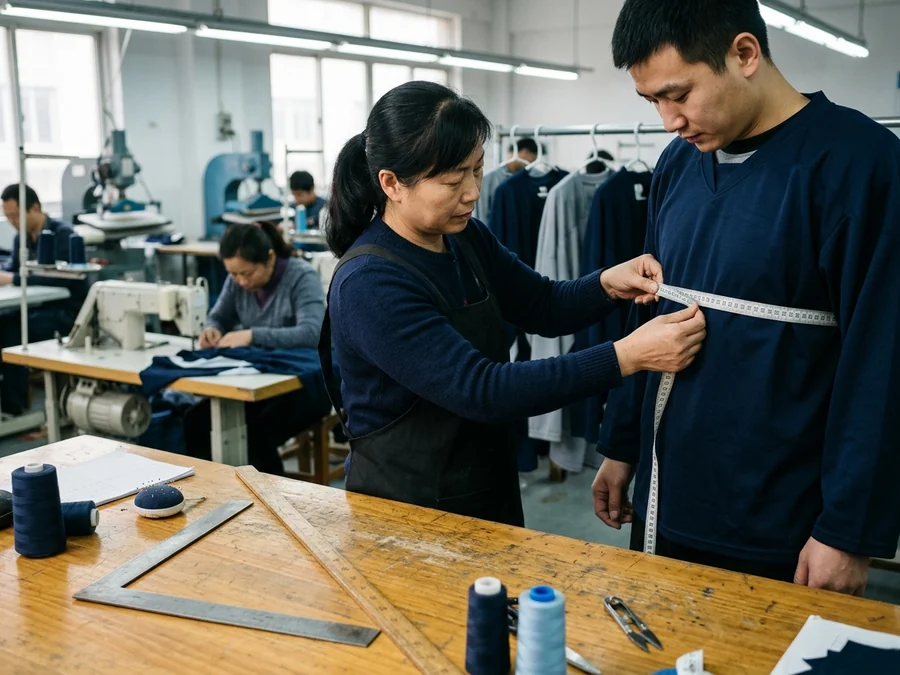 A tailor's worktable with measuring tools — on-body measurement is the fallback when no reference garment exists