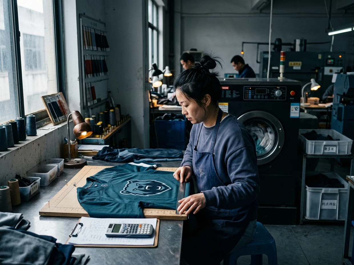 A third-party laboratory running shrinkage testing on finished garments against the buyer's named standard