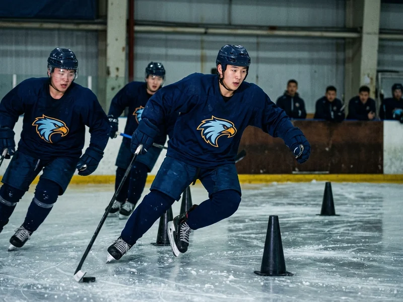 Hockey academy players running a skating drill in matching practice jerseys