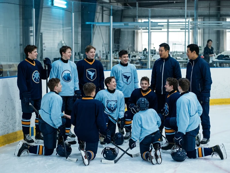 Summer hockey camp group in numbered camp jerseys at the rink