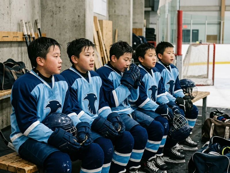 Youth hockey club players lined up on the bench in matching jerseys