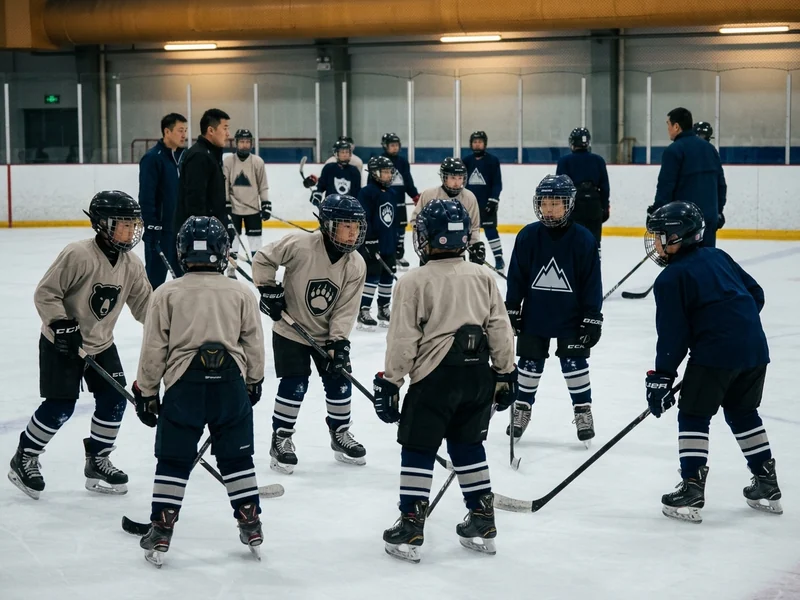 Community youth league teams warming up on a shared rink