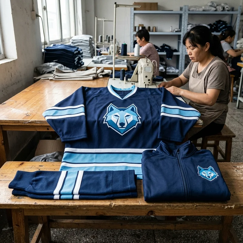 Complete youth hockey team kit laid out with jerseys, socks and warm-up jacket