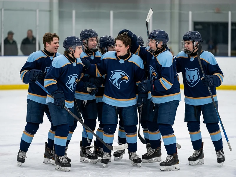 Youth tournament team celebrating on the ice in matching custom jerseys
