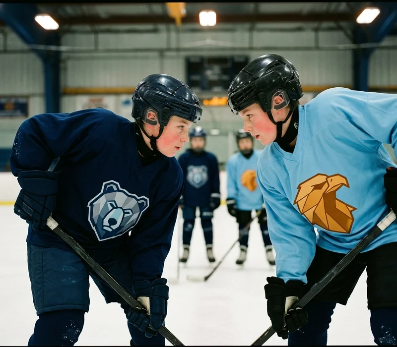 Youth players in game jerseys during a face-off