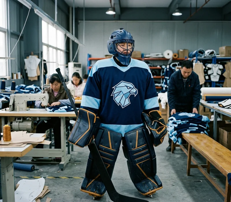 Youth goalie in the crease wearing a goalie cut jersey over pads